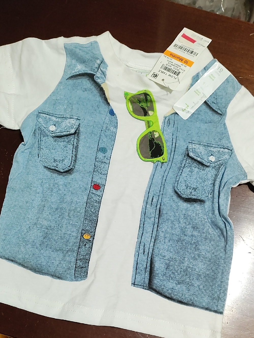 NEW! Kids' 12 mo, White Short-Sleeve Tee, Printed Denim Vest, Green Sunglasses